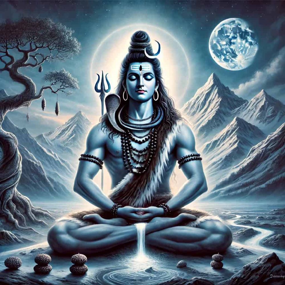 An artistic representation of Lord Shiva in meditation, symbolizing the origin of Rudraksha